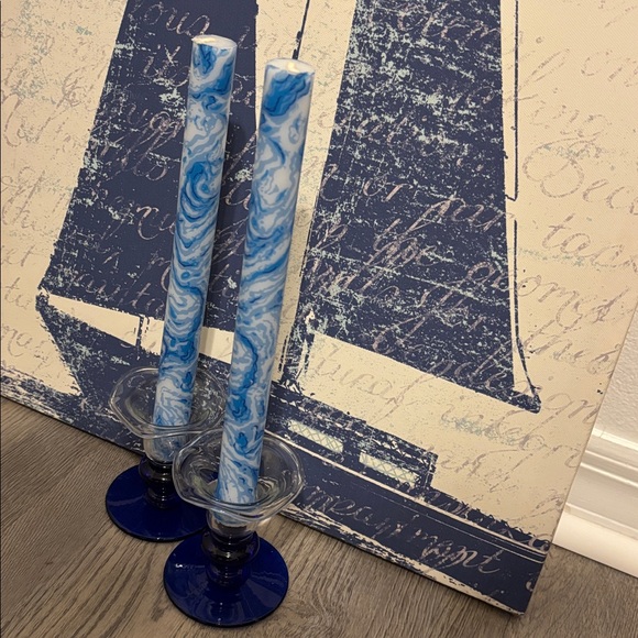 Lily Pulitzer tapers/ Princess House Blue crystal tulip topped Candle holders